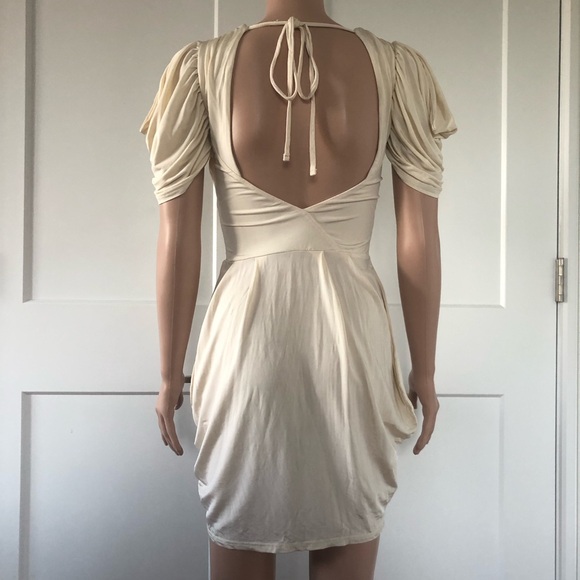 ASOS Yellow Cream Open Back Puffy Sleeves Stretch Tulip Mini Dress XS 2 4 - Picture 3 of 4